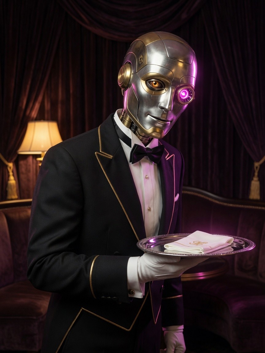 Arthur, the house robot cyborg butler, holding a silver tray